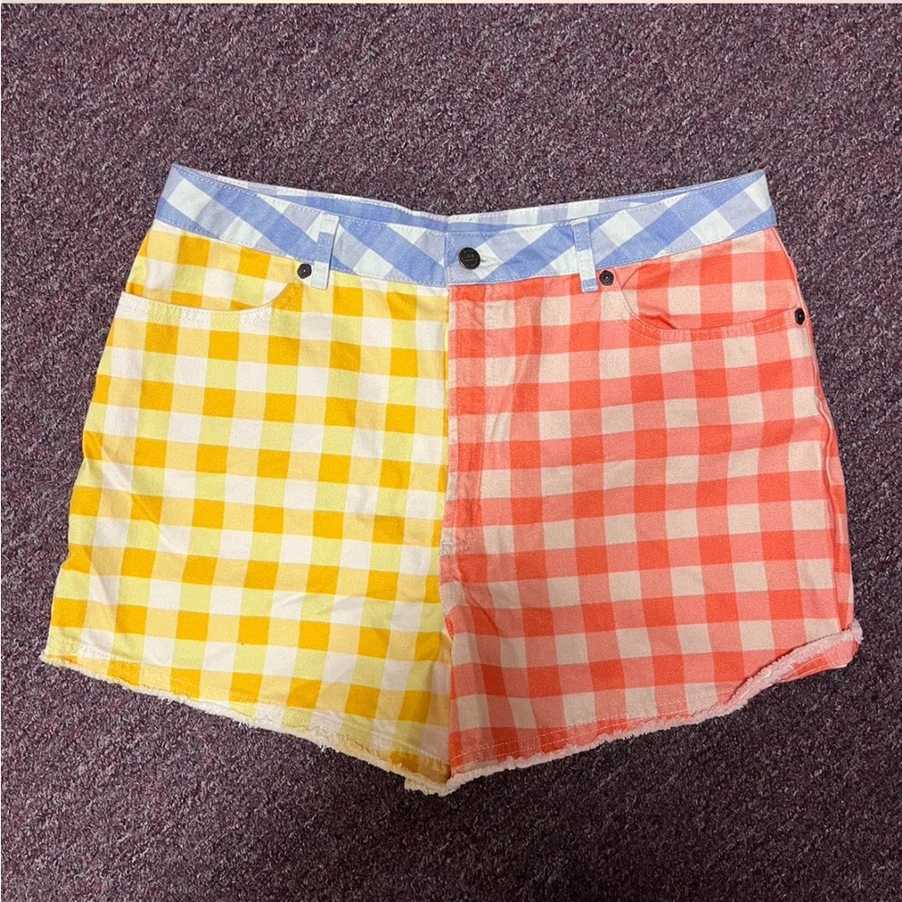 FARM Rio Yellow and Pink Jean Shorts with Split Gingham Design